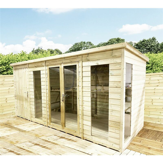 14 x 7 combi Pressure Treated Tongue & Groove Pent Summerhouse with Higher Eaves and Ridge Height + Side Shed + Toughened Safety Glass + Euro Lock