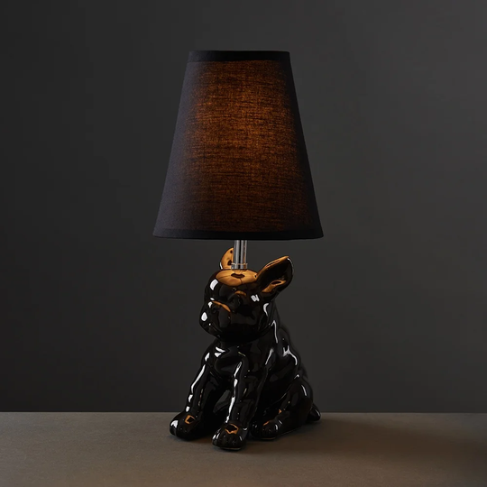 Brann Bulldog Black Ceramic Table Lamp With White Shade & 4W E14 3000K LED Bulb