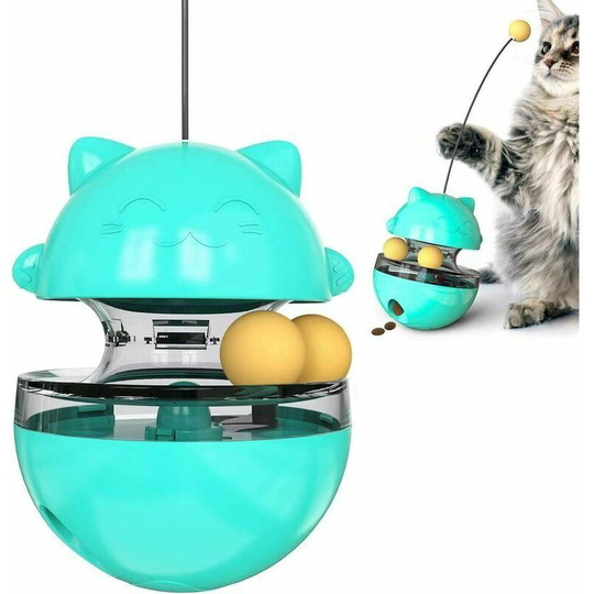 Cat toy 4 in, Interactive cat ball with double ball, interactive for cat, toy dispenser chat easy to clean, interactive cat toy with cat stick (blue)