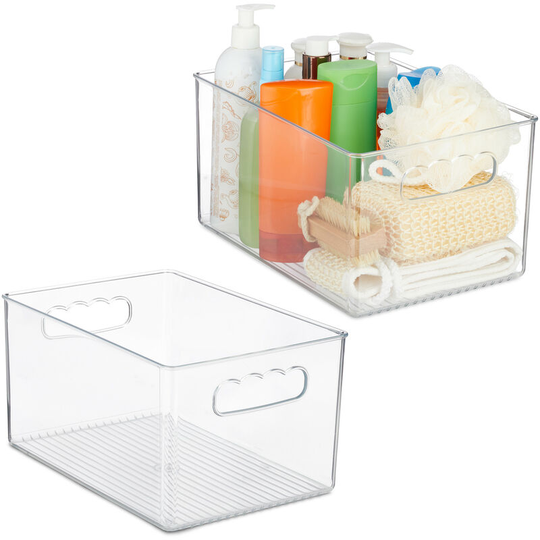 Relaxdays 2x Fridge Organisers, Handles, Plastic, Kitchen & Bathroom Storage Box, HWD: 15.5 x 29 x 20.5 cm, Transparent