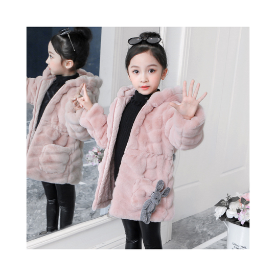 (Pink, 8-9 Years) Kids Girls Coat Jacket rabbit fur Hooded Outerwear