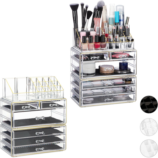 Relaxdays - Set of 2 Organiser with 6 Drawers, 22 Compartments for Makeup Storage, Acrylic Cosmetic Tower, Gold