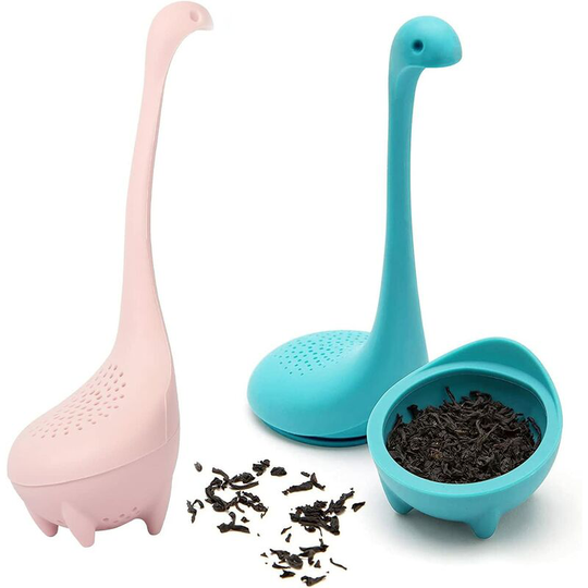 Silicone Tea Filter, Cute Long Handle Loose Leaf Infuser Strainer 2 More Sets Loch Ness Monster Shaped (Pink + Blue)
