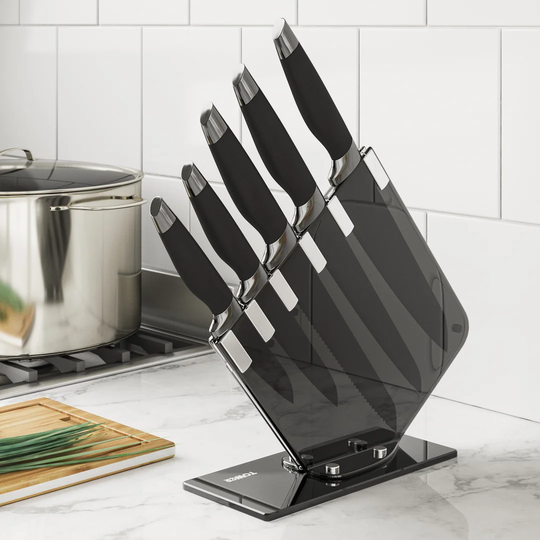 Tower T81532MB Kitchen Knife Set with Acrylic Knife Block, Damascus Effect, Stainless Steel Blades, Mirror Black, 5 Pieces