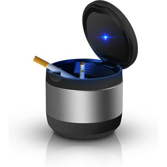 Osqi - Car Ashtray with Lid, Smokeless Stainless Steel Portable Outdoor Ashtray, led Light Auto Cigarette Ashtray for Home Office, Gray