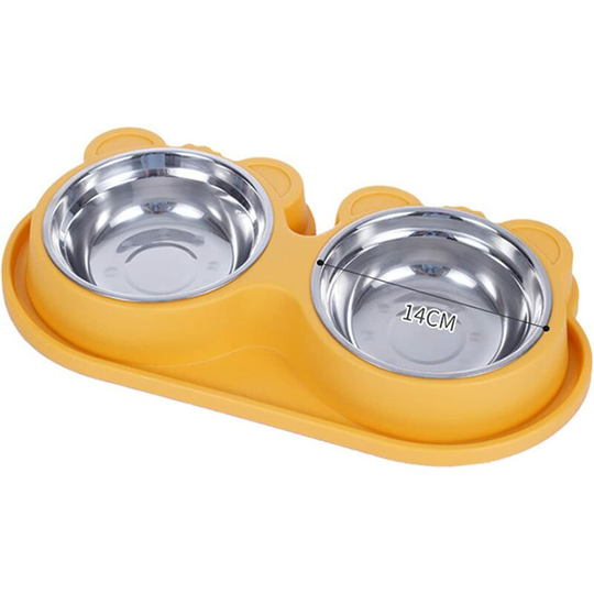 Perle Rare - Double Bowl for Small Cat and Dog, Stainless Steel Non-Slip Non-Spill Bowl for Food and Water (L-38x19cm, Yellow)
