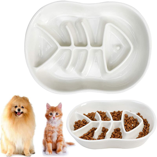 Bearsu - Ceramic Slow Feeder Cat Dog Bowls - Unique Fishbone Fun Interactive Design Feeder Bowl,Preventing Pet Feeder Anti Gulping Healthy Eating
