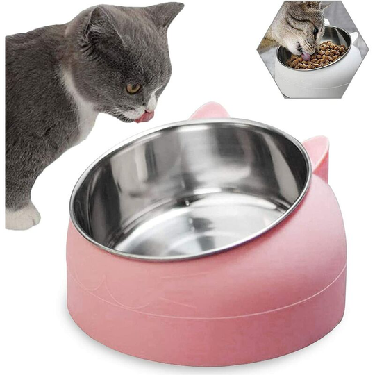 Cat Food Bowl, Pet Food Bowl, Tilted Stainless Steel Cat Bowl, Non-Slip Cat Bowl, 400Ml (Pink)
