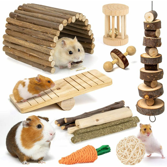 Sun Flowergb - Hamster Chew Toys Set of 8 Natural Wooden Chew Small Animals Exercise Bell Roller Teeth Care Molar Toy Hamster Guinea Pig Chinchilla
