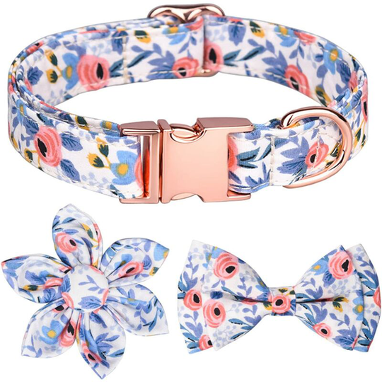 Dog Collar with Detachable Bow Tie and Engraved Floral Design, Dog Collar with Rose Gold Buckle, Medium Large Dogs (m, Blue)