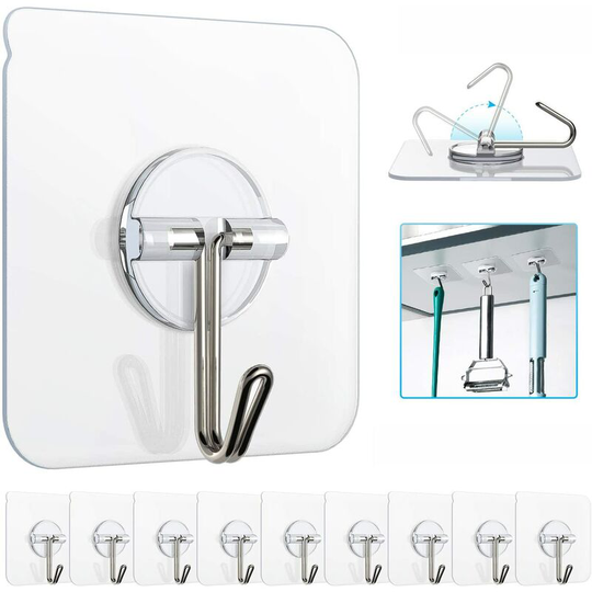 Pesce - 10 Pack Adhesive Hooks, Reusable Utility Hooks, Heavy Duty 13lb Wall Hooks, Transparent Seamless, Waterproof and Oil Proof Hooks for Kitchen,