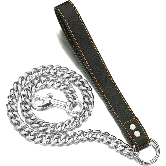 Bearsu - Chain Dog Leash Metal Chew Proof 15MM Heavy Duty Pet Leash Chain with Leather Padded Handle for Large Medium Small Dogs(3FT,