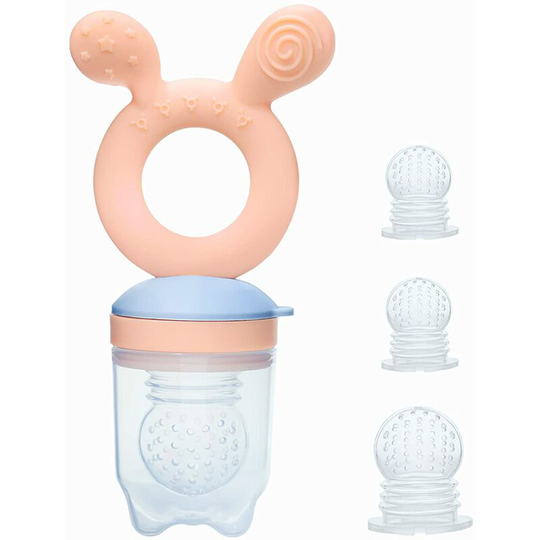Baby Fruit Food Feeder Pacifier, 2-in-1 Fresh Food Feeder & Teething Toys for Baby 3 Months+, 4 Pcs (2/M + 2/L) Silicone Pouches Included, BPA Free