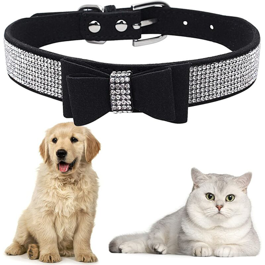 Adjustable Dog and Cat Collar with Double Layer Rhinestone Microfiber Bow Tie for Puppies and Small and Medium Cats, Black, Size s