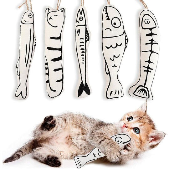 Echoo - Catnip Toys for Indoor Cats - 5Pcs Interactive Cat Kicker Toys, Fish Cat Toys with Catnip, Cute Cartoon Pillows Cat Crinkle Toys, Bite