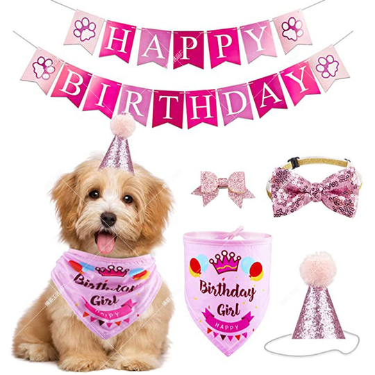 Pet Cat Dog Birthday Bandana Set with Triangle Scarves Hat Bow Tie Banner for Dog or Cat Birthday Party Decor(pink)