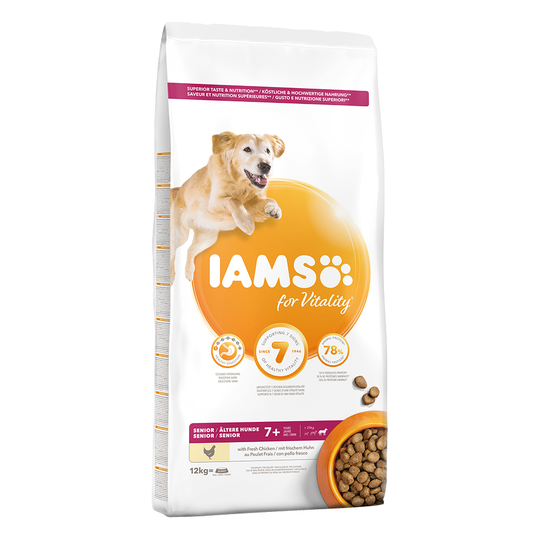 12kg IAMS Vitality Dry Dog Food - 10kg + 2kg Free!* - Senior & Mature Large Dog - Chicken (12kg)