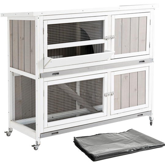 Pawhut - Two-Tier Wooden Rabbit Hutch w/ Wheels, Trough, Rain Cover, Tray - Grey - Grey