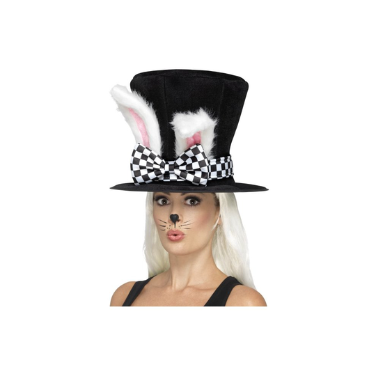 Black And White Tea Party March Hare Top Hat. - Wonderl Hat Rabbit Fancy Dress - wonderland top hat march hare rabbit fancy dress costume ears white