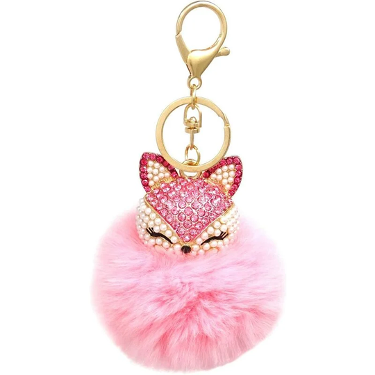 Perle Rare - Faux Rabbit Fur Pom Pom Keychain Fashion Fox Head Key Ring with Rhinestone for Women Bag, School Bag, Mobile Phone or Car Pendant (Pink)