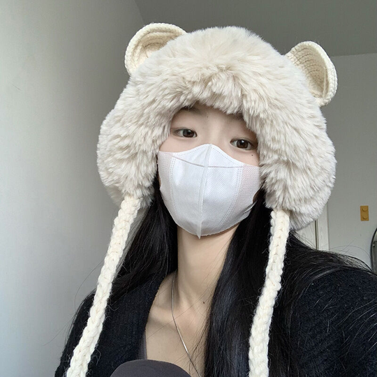 Cute plush knitting Lei Feng hat children's warm ear protection wool in autumn and winter (beige)