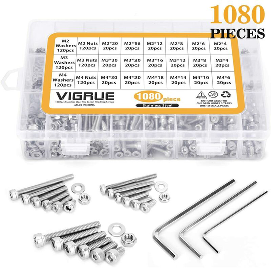 M2 M3 M4 1080Pcs Screw Set Stainless Steel Hex Head Button Bolts Nuts and Washers with Storage Box (Silver) Soekavia