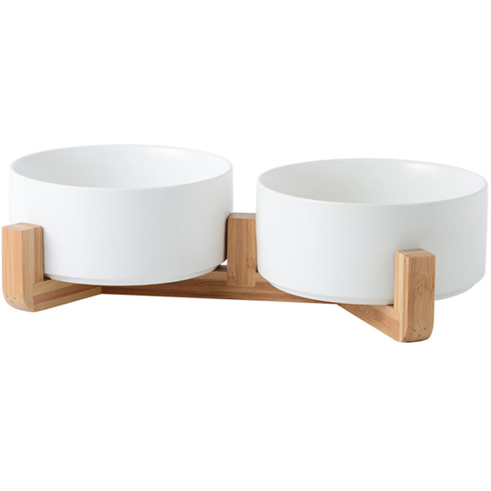 Ceramic Cat Dog Bowl with Anti-Slip Bamboo Stand