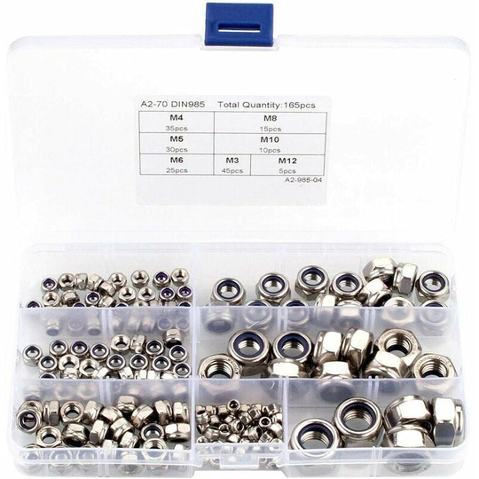 Monly - 165Pcs Nylon Lock Nuts Assortment Kit, 304 Stainless Steel Hex Lock Nuts with Plastic Storage Case (Nylstop Nuts: M3 M4 M5 M6 M8 M10 M12)