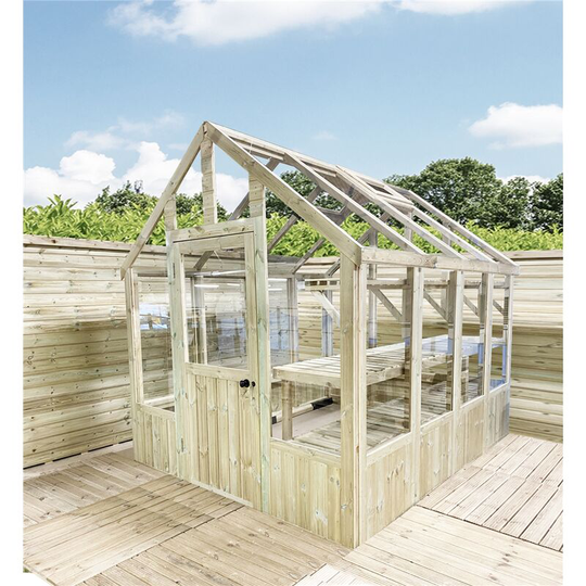 10 x 8 Pressure Treated Tongue And Groove Greenhouse - Super Strength Framing - rim Lock - 4mm Toughened Glass + Bench + free install