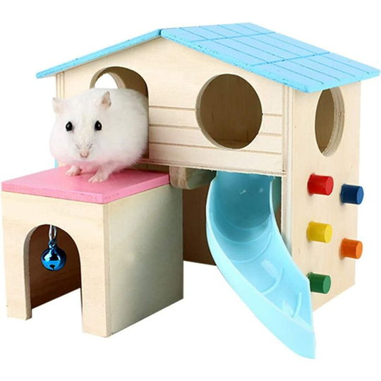 Echoo - Hamster Hideout Hamster House Deluxe Two Layers with Funny Climbing Ladder Slide Wooden Hut Play Toys Chews