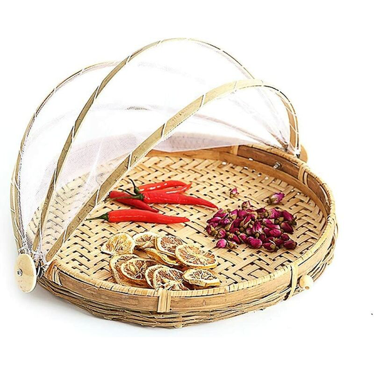 Bearsu - Goodchanceuk Dustproof Hand Woven Bamboo Picnic Basket with Wall Hanging for Fruits Vegetables Bread, 3 Style, Dia.40cm
