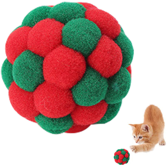 Colourful Cat Ball, Handmade Plush Bouncy Ball and Bark Interactive Toy for Cats Kittens Training, Christmas color