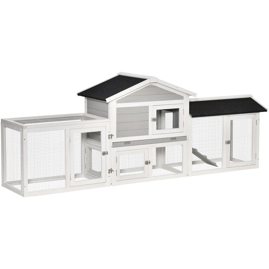 Pawhut - 2 Tier Wooden Rabbit Hutch w/ Tray, Ramps, Asphalt Roof for Outdoor Grey - Grey