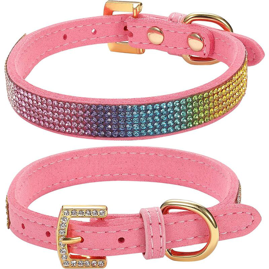 Colorful Rhinestone Dog Collar,Suede Leather with 5 Rows Colorful Crystal Diamond Pet Dog Collar Sparkly Adorable Little Dog Collar for Small