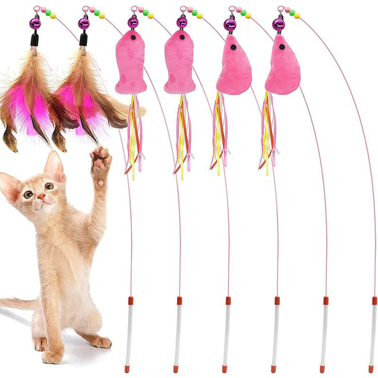 Cat Toy Set, Playing Cat, Sisal Mouse, Feather Ball, Fishing Rod Included, Kitten Toys Variety Pack (Pink)