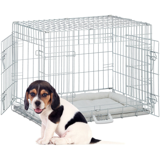 Foldable Dog Crate, for Travelling & Indoors, Bottom Tray, 2 Doors, Handle, Pillow, 59 x 76 x 53 cm, Metal - Relaxdays