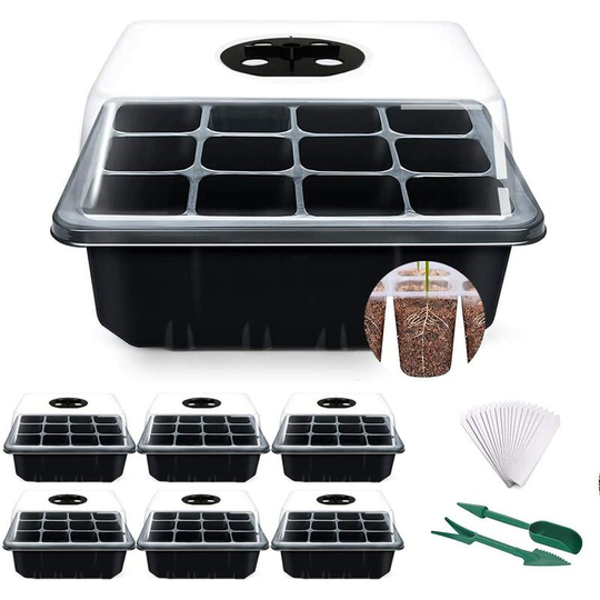 Perle Rare - Indoor Greenhouse Grow Box, 6 Pcs 72 Cells Mini Greenhouse Growing Kit Seedling Starter Trays Greenhouse Growing Tray with Lid and