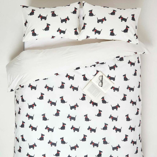 Homescapes - Scottie Dog Digitally Printed Cotton Duvet Cover Set, Single - White