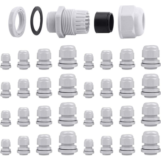 Bett 32 pcs Cable glands M12, M16, M20, M25 x 1.5 IP68 Connector box Waterproof plastic cable gland Connector ø 6mm - 25mm (Gray)
