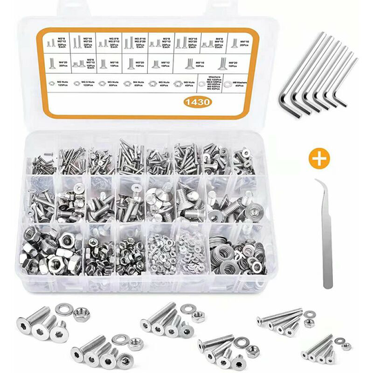 Litzee - 1430PCS M2 M2.5 M3 M4 M5 M8 Stainless Steel Hex Head Button Socket Head Cable Bolts Screws with Nuts Assortment