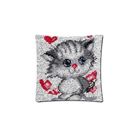 Latch Hook Complete Cushion Cover Kit"Grey Kitten with Hearts" 43x43cm