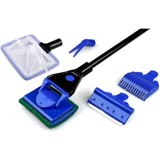 Litzee - 5 in 1 Aquarium Cleaning Kit - Fish net, gravel rake, algae scraper, fork, sponge, glass brush, aquarium cleaning tool
