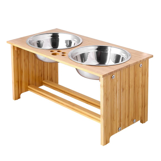 Raised Dog Bowls For Cats And Dogs - Bamboo Elevated Dog Cat Food And Water Bowls Stands Feeder Dishes With 2 Stainless Steel Bowls And Anti Slip Feet