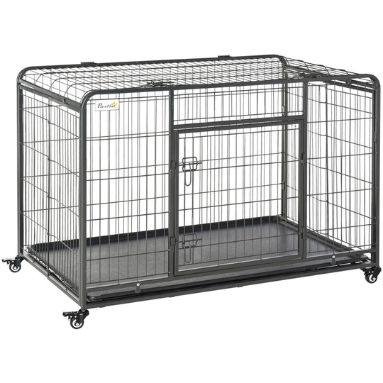 81x125cm Metal Dog Cage Kennel w/ Locking Door & Wheels Extra Large Pets - Dark grey - Pawhut
