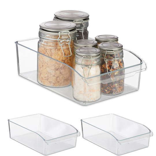 Relaxdays 3x Fridge Organisers, Storage with Handle, Plastic, Kitchen & Bathroom Storage Box, 9x31x20 cm , Transparent