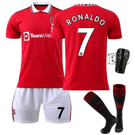 Red Devils Home Red Football Suit Size 7 with Socks+Protective Equipment, Size 22