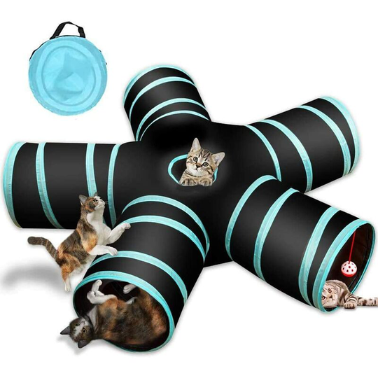 Litzee - 5-way cat toy tunnel, folding pet play tube with bell and pouch for cats, puppies, rabbits, guinea pigs, indoor and outdoor use