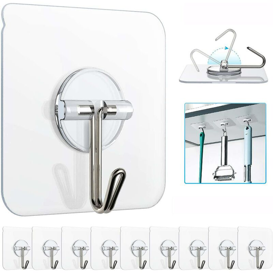 Joorrt - Adhesive Hooks, Reusable Utility Hooks Heavy Duty 13lb Wall Hooks Transparent Seamless Hooks Waterproof And Oil Proof For Kitchen Bathroom