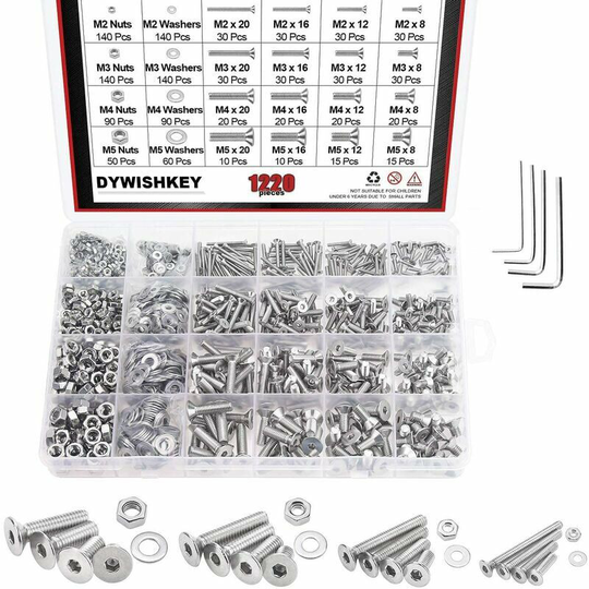 1220pcs M2 M3 M4 M5 Sliding Door Hardware 304 Stainless Steel Hex Flat Head Bolts Screws Nuts Washers Assortment Kit with Hex Keys