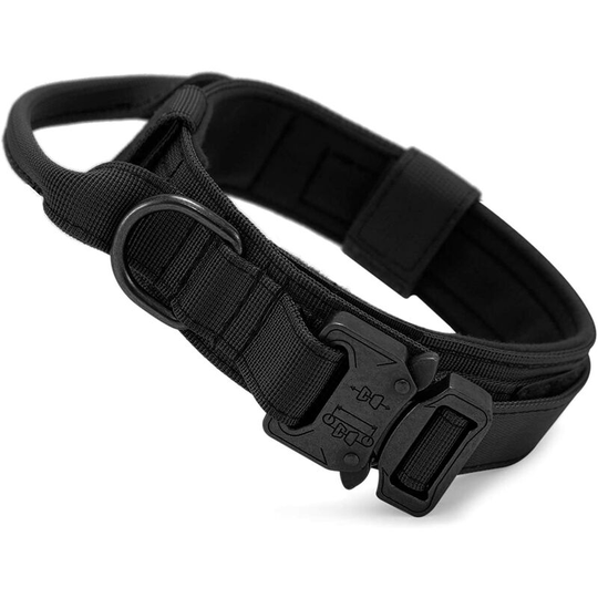 Tactical Dog Collar with Control Handle Nylon Military Adjustable Collar, Metal Buckle, Padded for Medium Dogs, Hunting/Outdoor Training (Black-M)